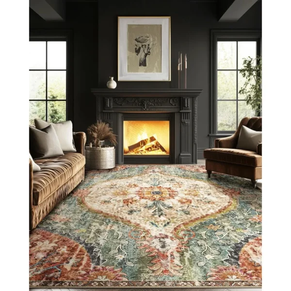 8x10 Rug, Washable Vintage Boho Carpet, Non Slip Low Pile Water Repellent Soft Print Pattern Indoor Rug for Living Room & Bedroo - Image 2