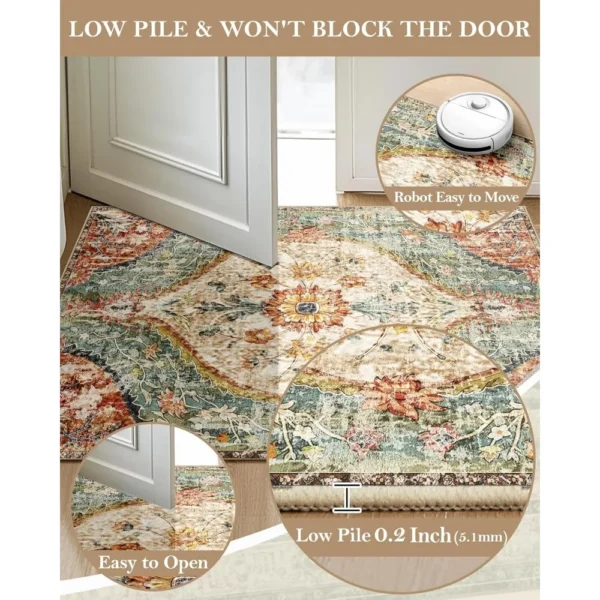 8x10 Rug, Washable Vintage Boho Carpet, Non Slip Low Pile Water Repellent Soft Print Pattern Indoor Rug for Living Room & Bedroo - Image 5