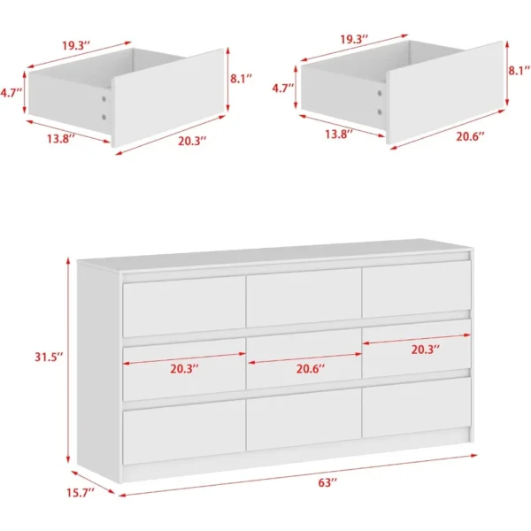 9 Drawer Dresser for Bedroom with Deep Drawers, Chest of Drawers Handle Free, Modern White Long Dressers for Closet Living Room - Image 3