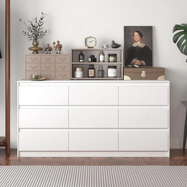 9 Drawer Dresser for Bedroom with Deep Drawers, Chest of Drawers Handle Free, Modern White Long Dressers for Closet Living Room