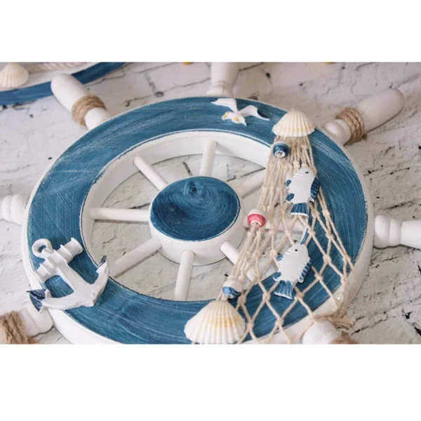 Mediterranean Style Nordic Wooden Nautical Steering Wheel with Fishing Net for Bedroom Living Room Part Ship rudder decoration - Image 3